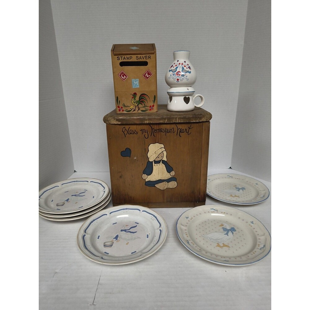 Lot Of Vintage Cottage Core Decor Goose Plates Antique Wooden Storage And More